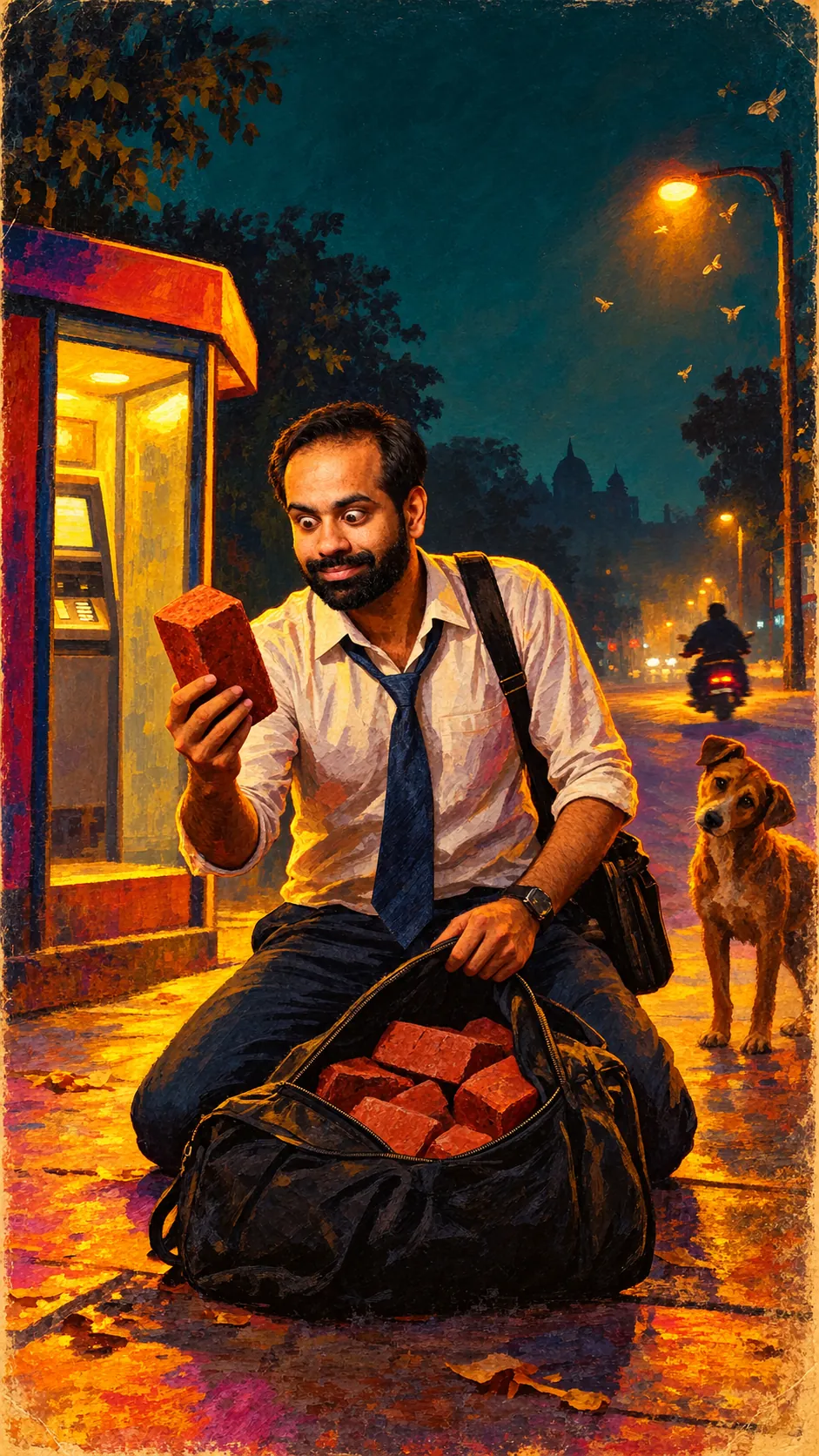 Painting: Gaurav kneels outside an ATM at night, holding up a brick from a duffel bag full of bricks, while a man escapes on a scooter and a stray dog watches.