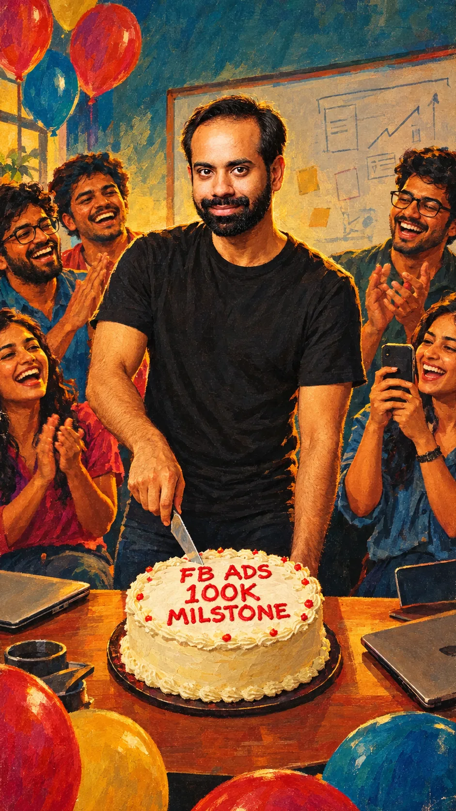 Painting: Gaurav in a black T-shirt grins over a white cake iced with the words FB ADS 100K MILSTONE while teammates clap and one films on a phone.