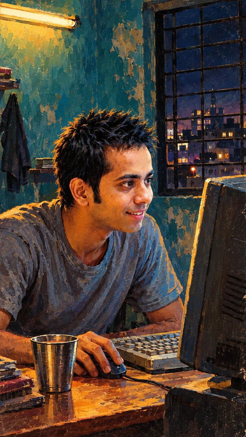 Painting: a clean-shaven, twenty-year-old Gaurav with spiky hair grins at a bulky old desktop monitor late at night in a small rented room, chai in a steel tumbler beside the keyboard.