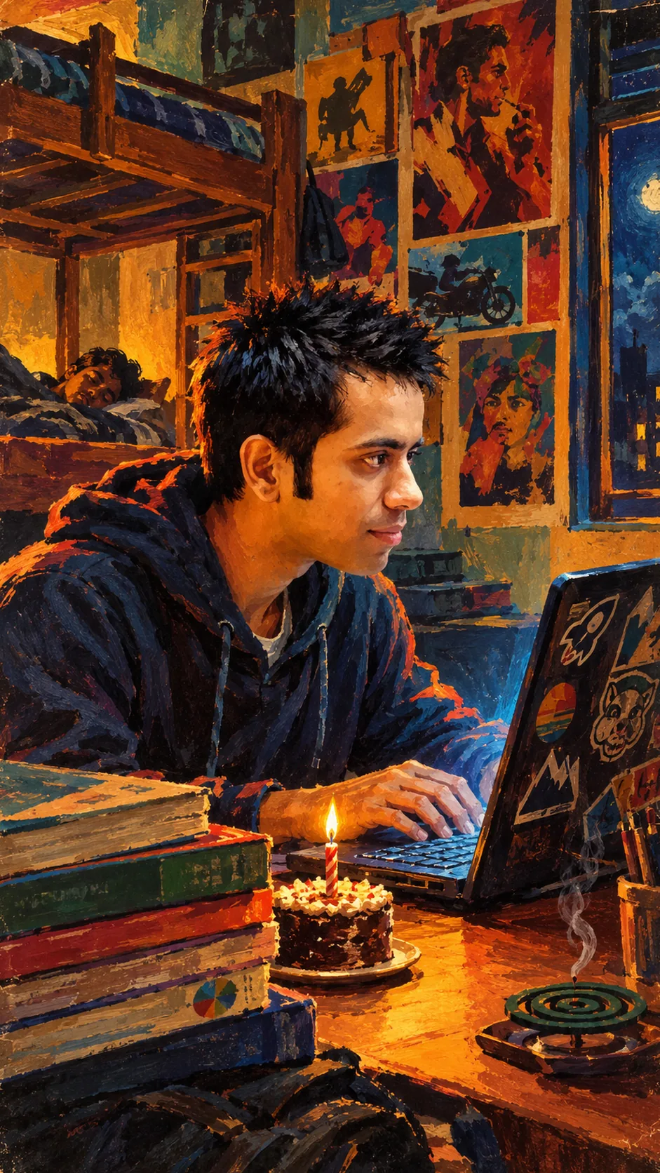 Painting: a young, clean-shaven Gaurav in a hoodie types on a sticker-covered laptop in a small shared room at night, a small cake with one candle beside him.