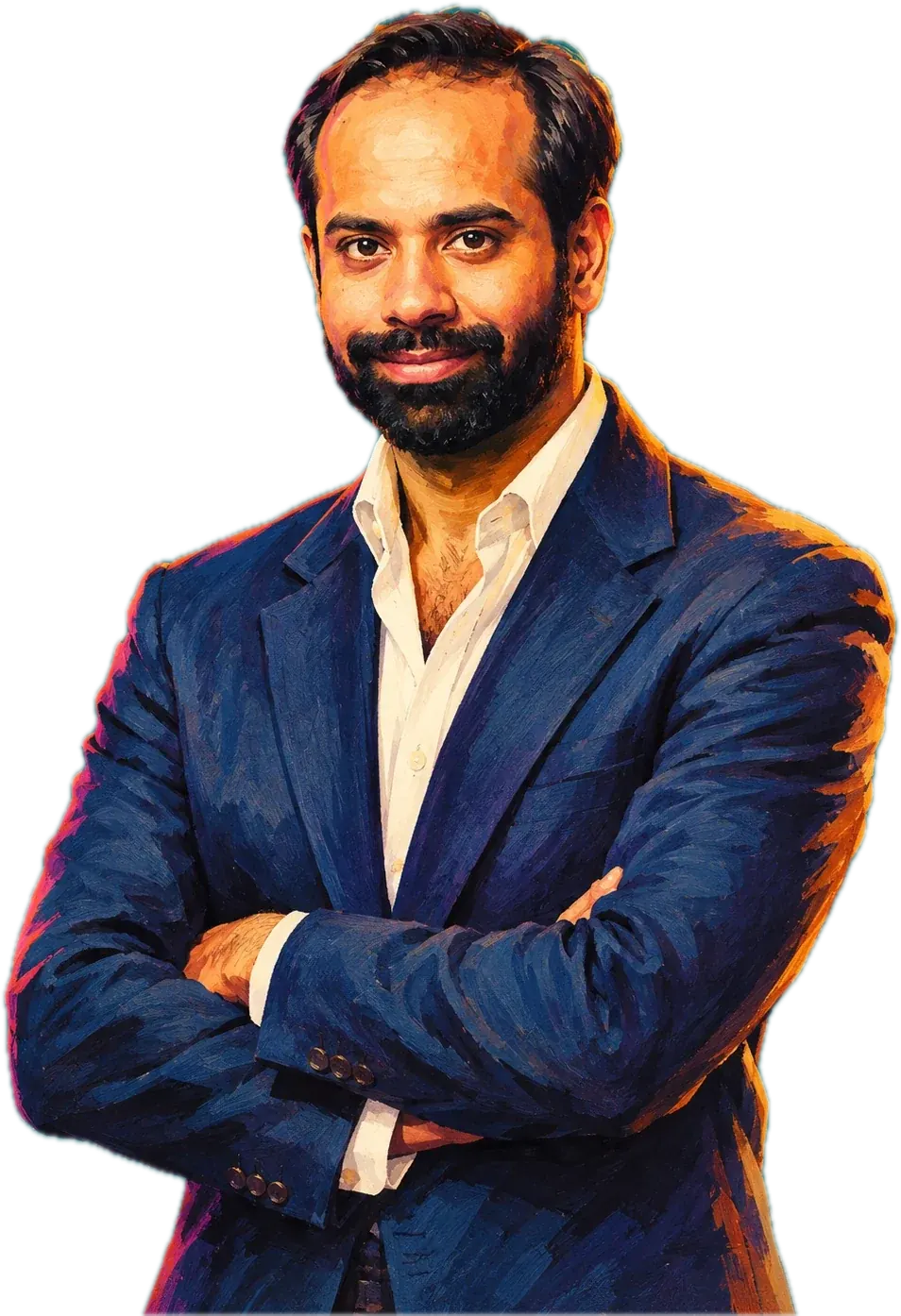 Painted portrait of Gaurav Madaan in a navy suit, arms crossed, smiling
