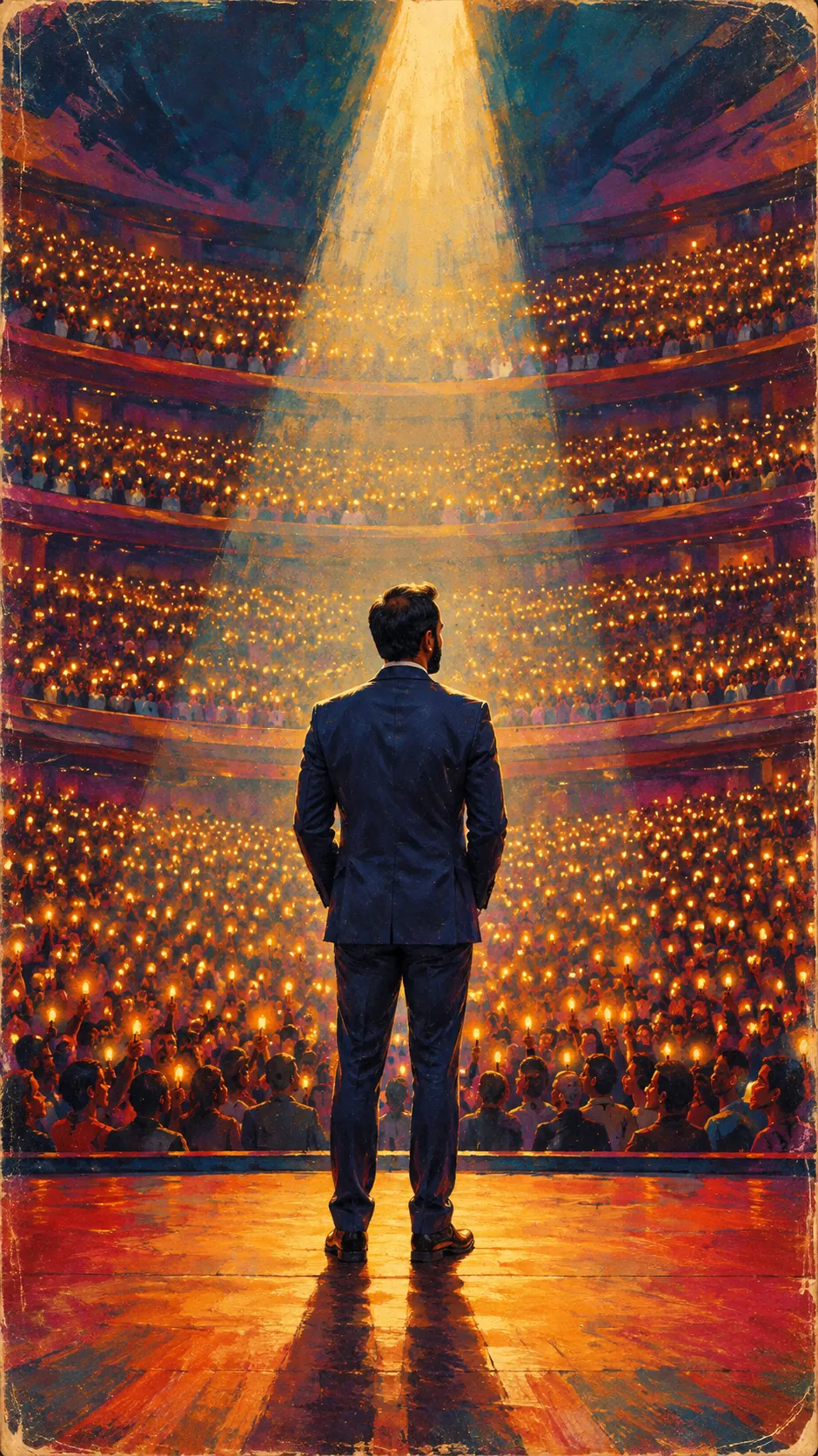 Painting: Gaurav, seen from behind on a stage, faces a vast hall where thousands of people hold up small lamps.