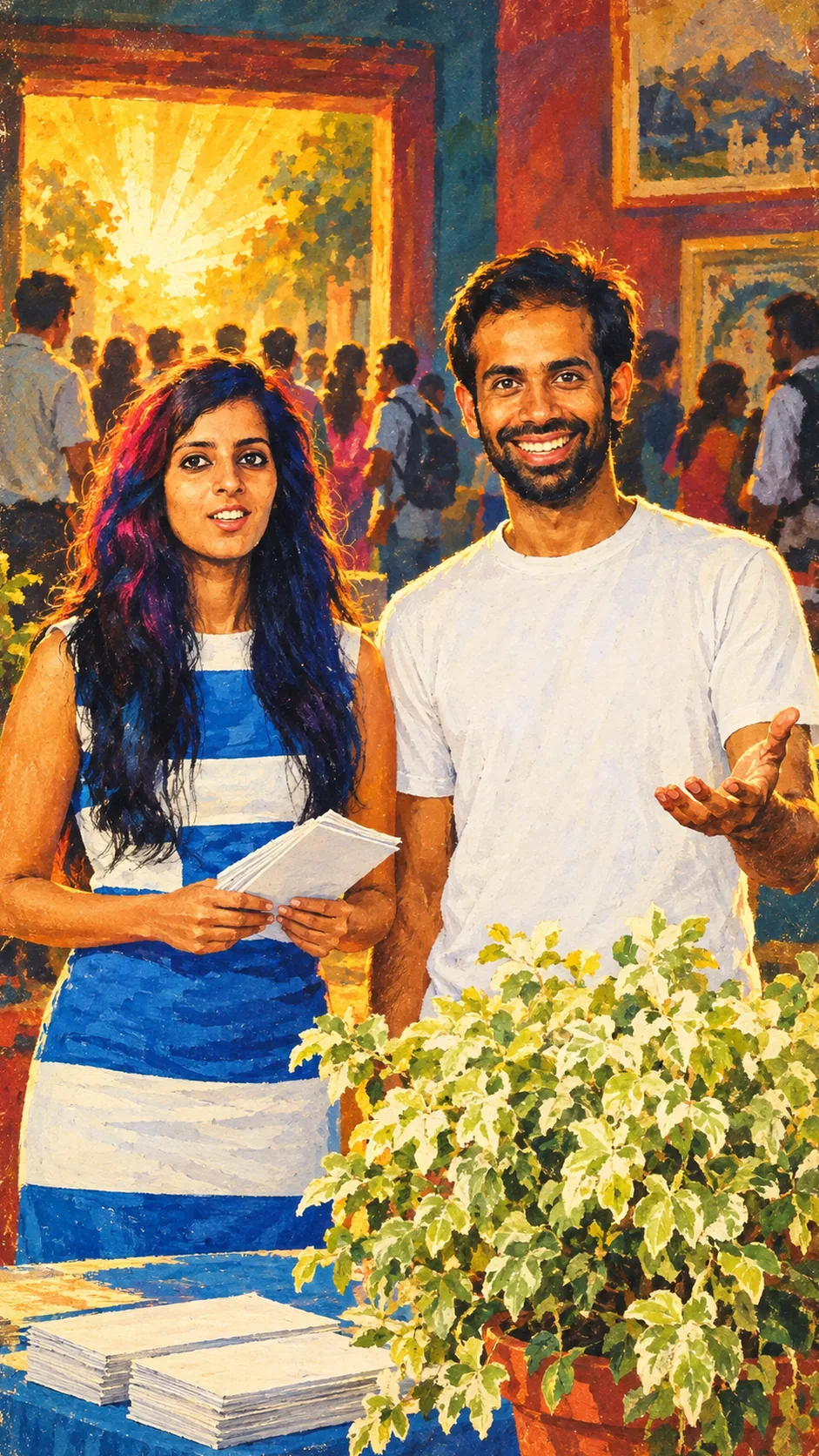 Painting: Gaurav in a white T-shirt and Roshni Dhal in a blue and white striped dress stand side by side at an event stall, smiling, with a crowd and a sunburst behind them.
