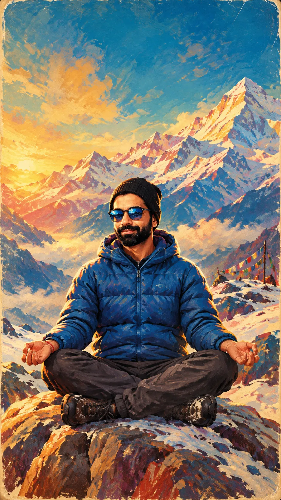 Painting: Gaurav meditates cross-legged on a rock in the snow, in a blue puffer jacket, beanie and mirrored sunglasses.