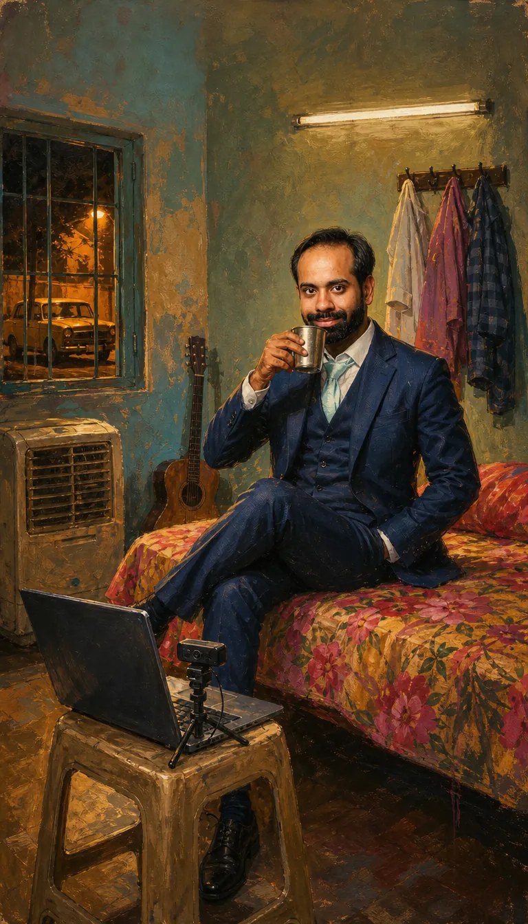 Painting: Gaurav, in a navy three-piece suit, sips chai on a single bed with a floral bedsheet in a tiny rented room.